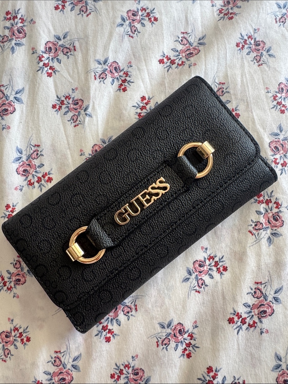GUESS Black Continental Wallet with Gold Logo Accent